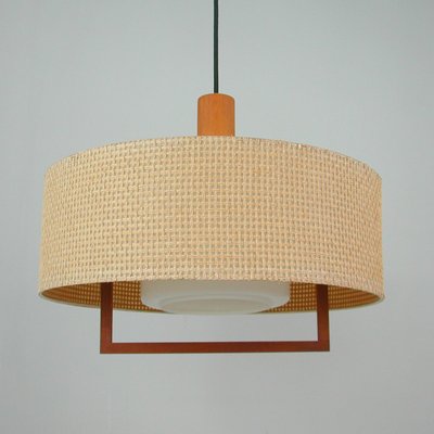 Mid-Century Raffia Teak and Milk Glass Pendant from Temde, Switzerland, 1960s-OE-1290411