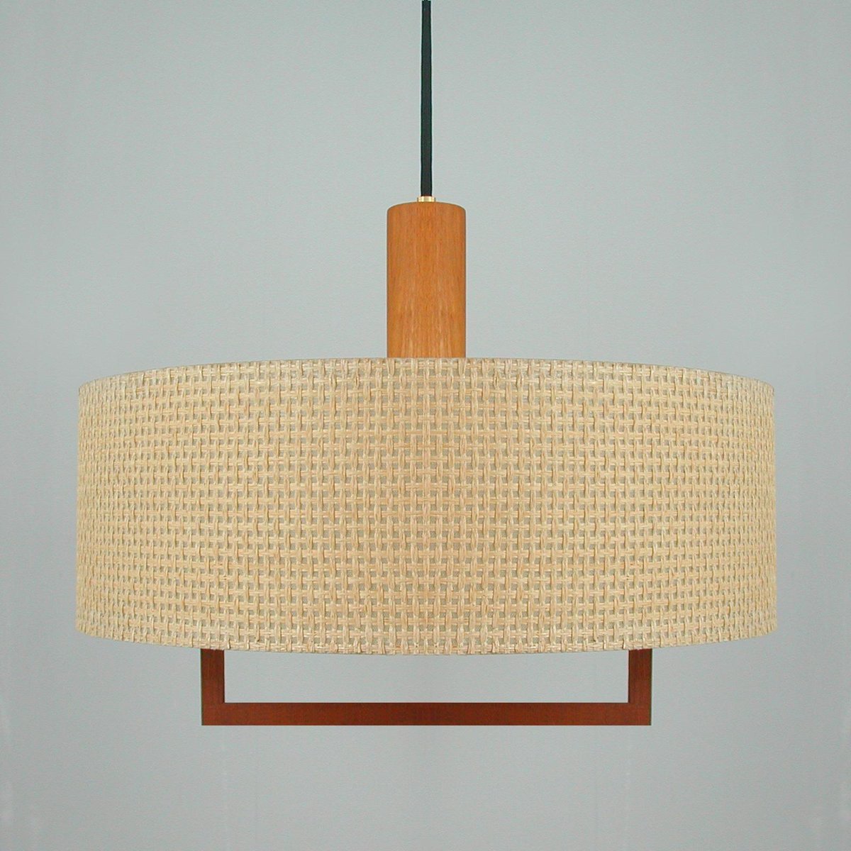 Mid-Century Raffia Teak and Milk Glass Pendant from Temde, Switzerland, 1960s