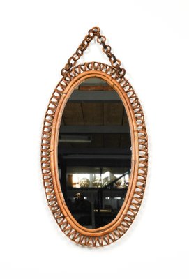 Mid-Century Rattan and Bamboo Oval Wall Mirror with Chain by Franco Albini, 1960s-LYQ-1768112