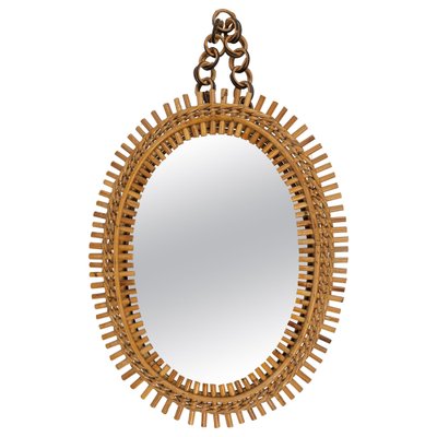 Mid-Century Rattan and Bamboo Oval Wall Mirror with Chain, Italy, 1960s-LYQ-1808344