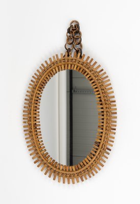 Mid-Century Rattan and Bamboo Oval Wall Mirror with Chain, Italy, 1960s-LYQ-1808344