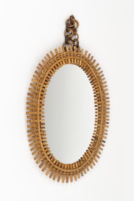 Mid-Century Rattan and Bamboo Oval Wall Mirror with Chain, Italy, 1960s-LYQ-1808344