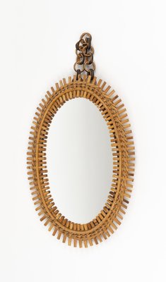 Mid-Century Rattan and Bamboo Oval Wall Mirror with Chain, Italy, 1960s-LYQ-1808344