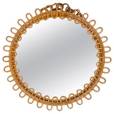 Mid-Century Rattan and Bamboo Round Wall Mirror, Italy, 1960s-LYQ-1314402