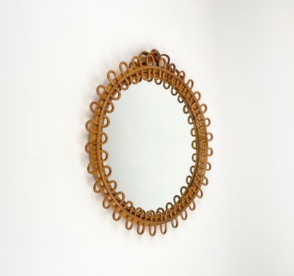 Mid-Century Rattan and Bamboo Round Wall Mirror, Italy, 1960s-LYQ-1314402