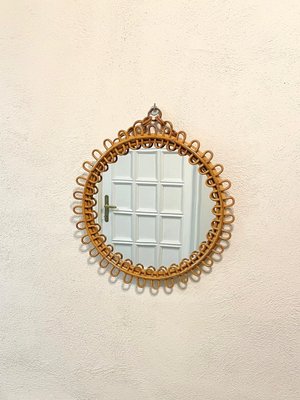 Mid-Century Rattan and Bamboo Round Wall Mirror, Italy, 1960s-LYQ-1314402