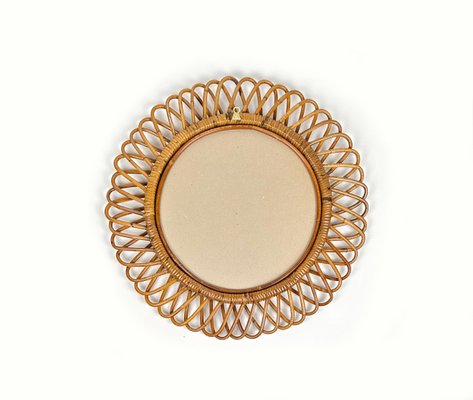 Mid-Century Rattan and Bamboo Round Wall Mirror, Italy, 1960s-LYQ-1433320