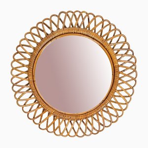 Mid-Century Rattan and Bamboo Round Wall Mirror, Italy, 1960s-LYQ-1433320