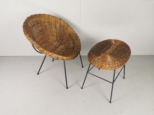 Mid-Century Rattan Armchair and Pouf, Set of 2-PRS-915100