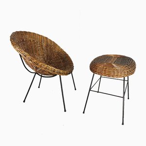 Mid-Century Rattan Armchair and Pouf, Set of 2-PRS-915100