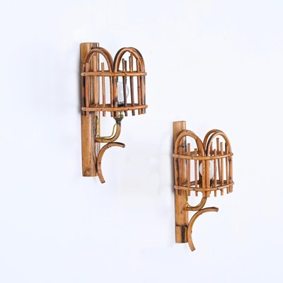 Mid-Century Rattan Lantern Sconces by Louis Sognot, 1960s, Set of 2-JDR-1731280