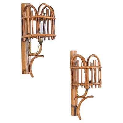 Mid-Century Rattan Lantern Sconces by Louis Sognot, 1960s, Set of 2-JDR-1731280