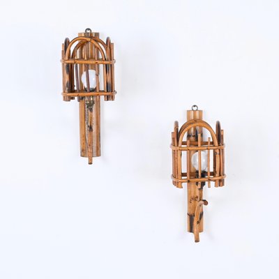 Mid-Century Rattan Lantern Sconces by Louis Sognot, 1960s, Set of 2-JDR-1731280