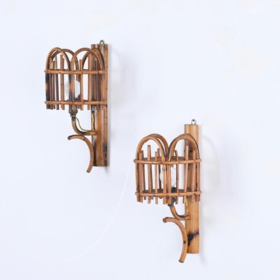 Mid-Century Rattan Lantern Sconces by Louis Sognot, 1960s, Set of 2-JDR-1731280