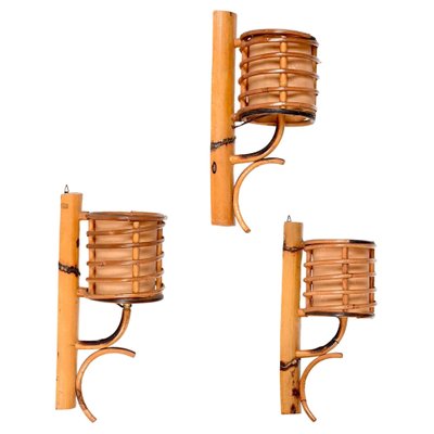 Mid-Century Rattan Lantern Sconces by Louis Sognot, 1960s, Set of 3-JDR-1354074