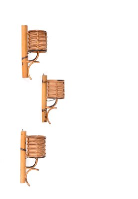 Mid-Century Rattan Lantern Sconces by Louis Sognot, 1960s, Set of 3-JDR-1354074