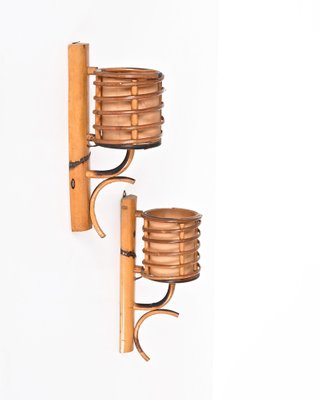 Mid-Century Rattan Lantern Sconces by Louis Sognot, 1960s, Set of 3-JDR-1354074