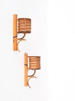 Mid-Century Rattan Lantern Sconces by Louis Sognot, 1960s, Set of 3-JDR-1354074