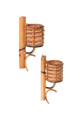 Mid-Century Rattan Lantern Sconces by Louis Sognot, 1960s, Set of 3-JDR-1354074