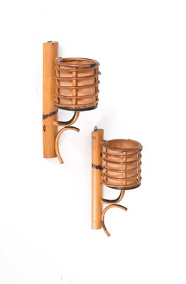 Mid-Century Rattan Lantern Sconces by Louis Sognot, 1960s, Set of 3-JDR-1354074