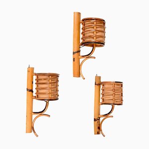 Mid-Century Rattan Lantern Sconces by Louis Sognot, 1960s, Set of 3-JDR-1354074