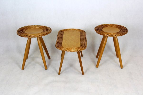 Mid-Century Rattan Stools attributed to Jan Kalous for Úluv, Czechoslovakia, 1960s, Set of 3-WVS-1405265