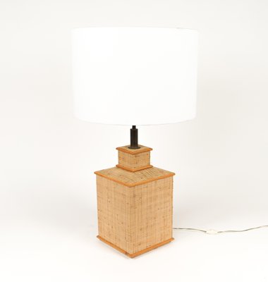 Mid-Century Rattan, Wicker and Brass Table Lamp in the style of Vivai del Sud, Italy, 1960s-LYQ-1787316