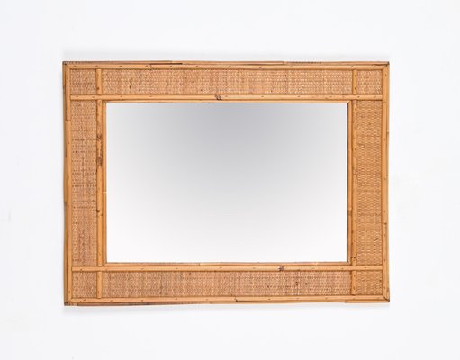 Mid-Century Rectangular Bamboo and Woven Rattan Wicker Mirror, Italy, 1970s-JDR-1792746