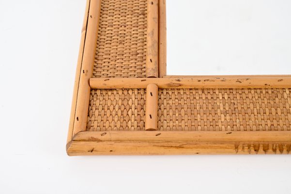 Mid-Century Rectangular Bamboo and Woven Rattan Wicker Mirror, Italy, 1970s-JDR-1792746