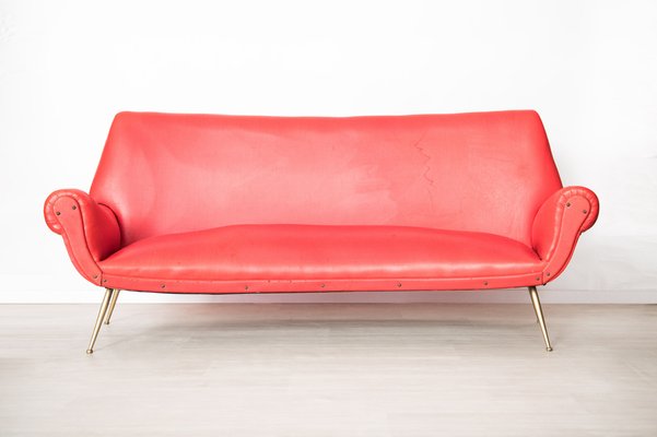 Mid-Century Red & Brass 3-Seat Sofa-NZV-1279367