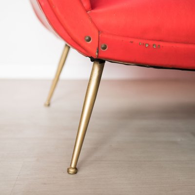 Mid-Century Red & Brass 3-Seat Sofa-NZV-1279367