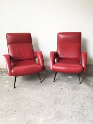 Mid-Century Red Faux Leather and Iron Lounge Chairs Attributed to Carlo de Carli, Set of 2-GGK-654125