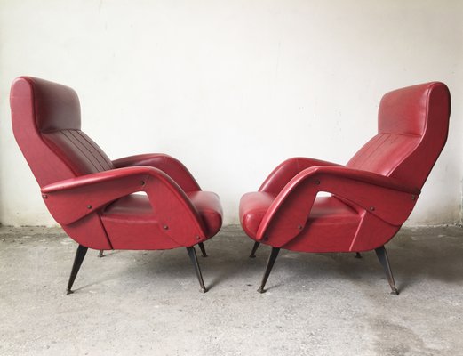 Mid-Century Red Faux Leather and Iron Lounge Chairs Attributed to Carlo de Carli, Set of 2-GGK-654125