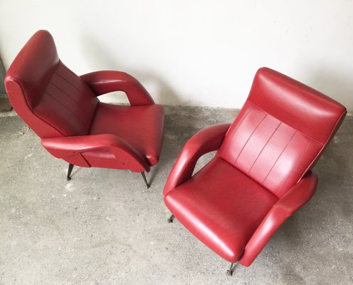 Mid-Century Red Faux Leather and Iron Lounge Chairs Attributed to Carlo de Carli, Set of 2-GGK-654125