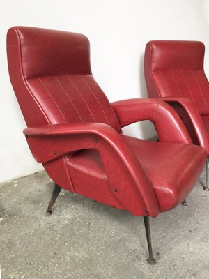 Mid-Century Red Faux Leather and Iron Lounge Chairs Attributed to Carlo de Carli, Set of 2-GGK-654125