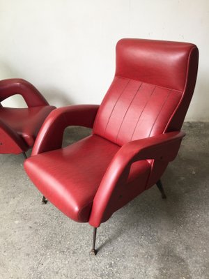 Mid-Century Red Faux Leather and Iron Lounge Chairs Attributed to Carlo de Carli, Set of 2-GGK-654125