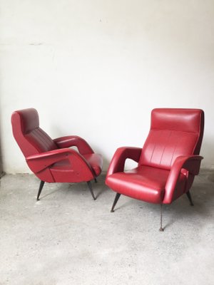 Mid-Century Red Faux Leather and Iron Lounge Chairs Attributed to Carlo de Carli, Set of 2-GGK-654125