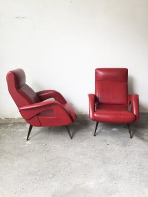 Mid-Century Red Faux Leather and Iron Lounge Chairs Attributed to Carlo de Carli, Set of 2-GGK-654125