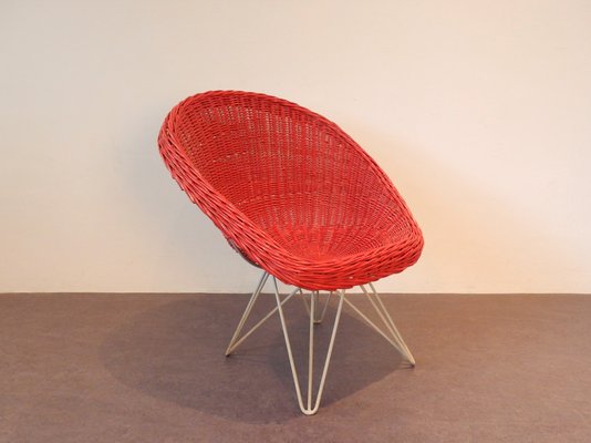 Mid-Century Red Rattan Lounge Chair by Teun Velthuizen for Urotan, the Netherlands, 1950s-NV-800891