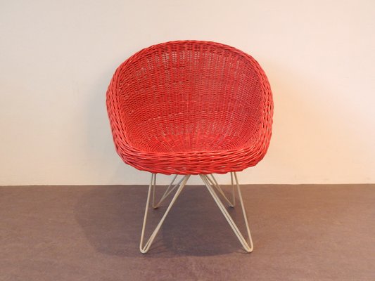 Mid-Century Red Rattan Lounge Chair by Teun Velthuizen for Urotan, the Netherlands, 1950s-NV-800891