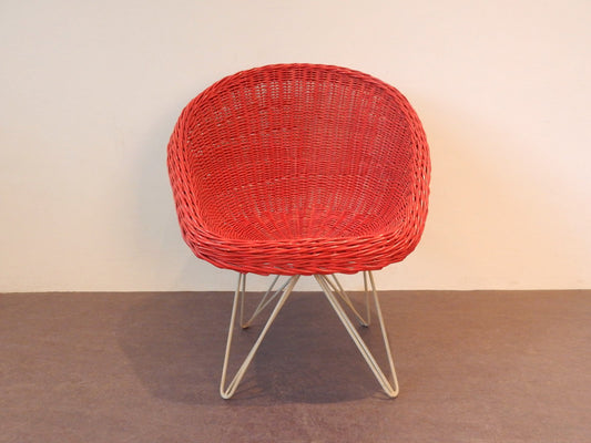 Mid-Century Red Rattan Lounge Chair by Teun Velthuizen for Urotan, the Netherlands, 1950s