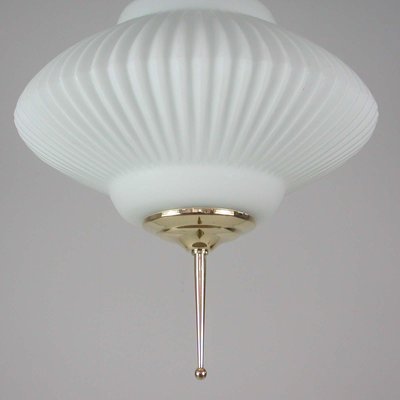 Mid-Century Ribbed Milk Glass & Brass Globe Pendant Attributed to Stilnovo-OE-897811