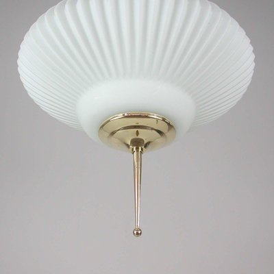 Mid-Century Ribbed Milk Glass & Brass Globe Pendant Attributed to Stilnovo-OE-897811