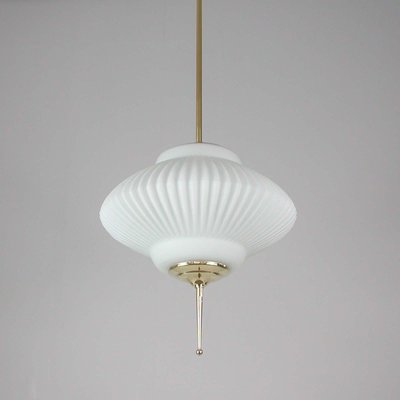 Mid-Century Ribbed Milk Glass & Brass Globe Pendant Attributed to Stilnovo-OE-897811