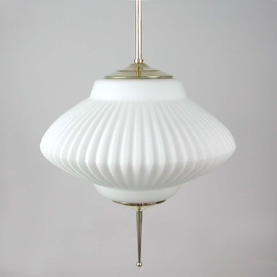 Mid-Century Ribbed Milk Glass & Brass Globe Pendant Attributed to Stilnovo-OE-897811