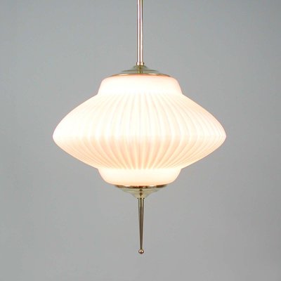 Mid-Century Ribbed Milk Glass & Brass Globe Pendant Attributed to Stilnovo-OE-897811