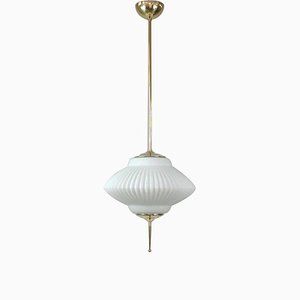 Mid-Century Ribbed Milk Glass & Brass Globe Pendant Attributed to Stilnovo-OE-897811