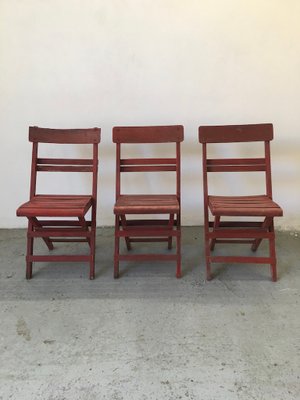 Mid-Century Rimini Chairs with Red Painted Wooden Frame and Slats, Set of 3-GGK-702598