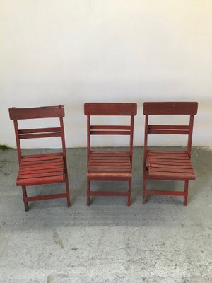 Mid-Century Rimini Chairs with Red Painted Wooden Frame and Slats, Set of 3-GGK-702598