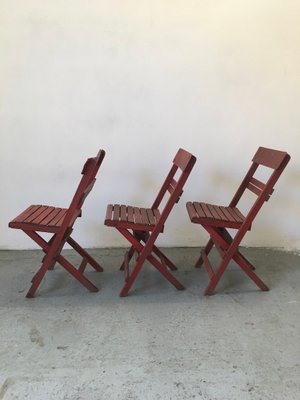 Mid-Century Rimini Chairs with Red Painted Wooden Frame and Slats, Set of 3-GGK-702598